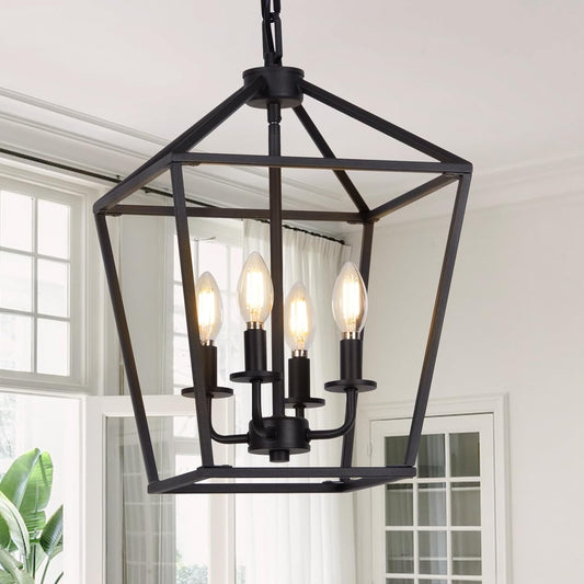 4 Light Chandelier, Industrial Ceiling Light Black Lantern Light Fixtures with Farmhouse Metal Cage Adjustable Height