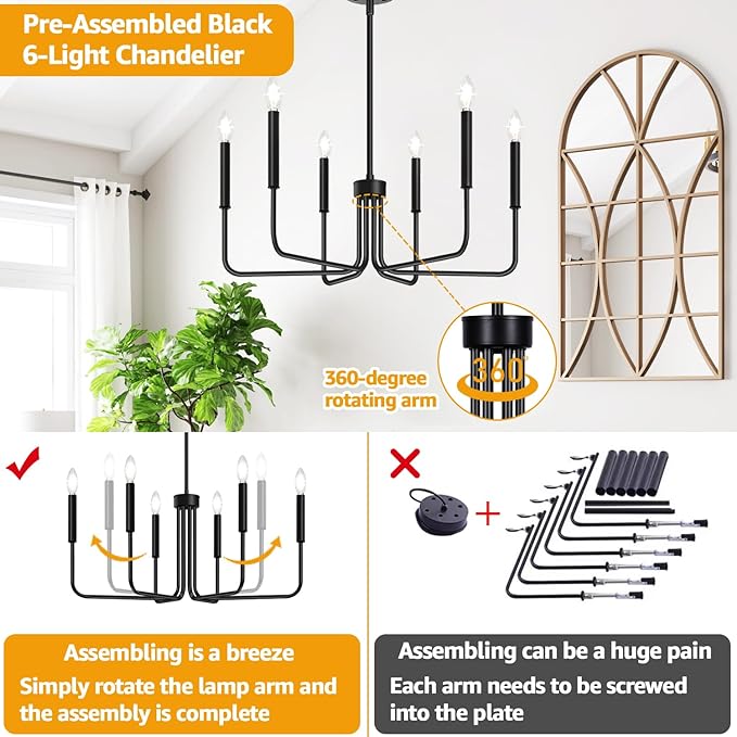 Black Chandelier, 6-Light Farmhouse Chandelier for Dining Room Lighting Fixtures for Bedroom, Foyer, Hall, Kitchen, Living Room and Entryway