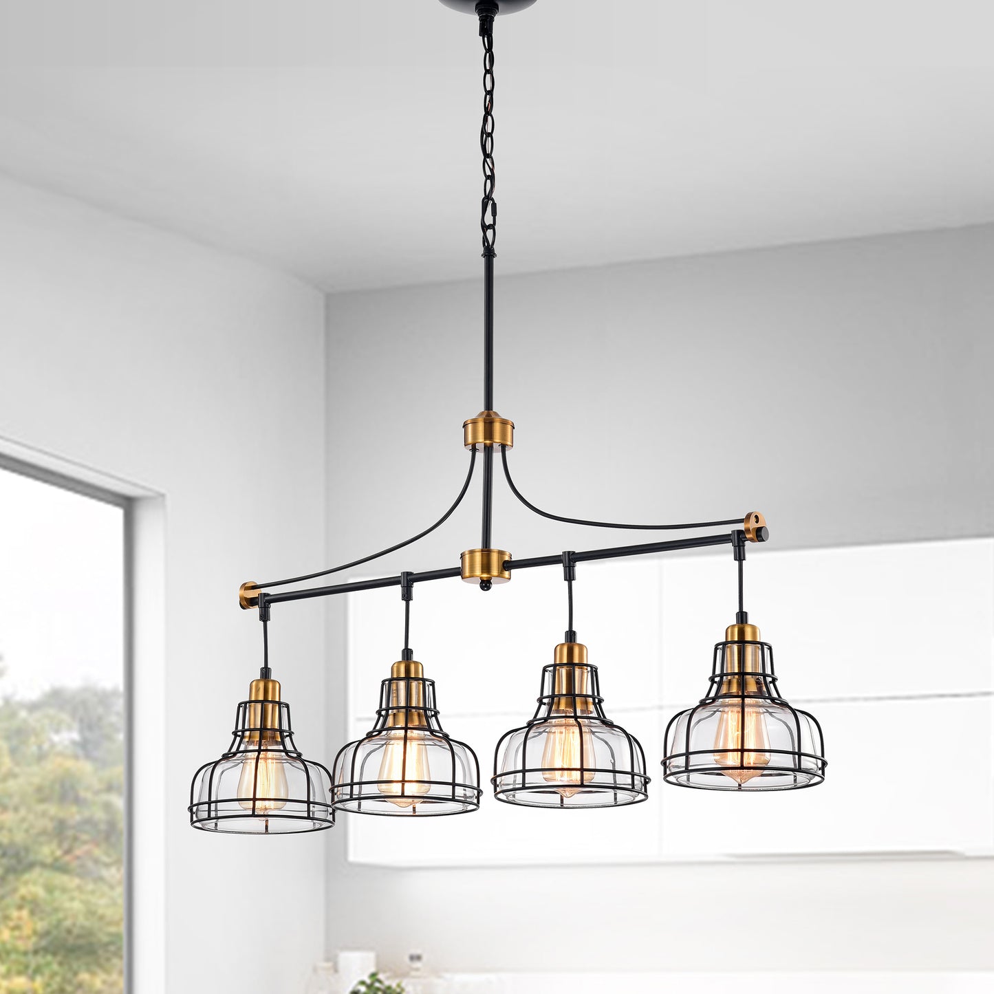 4-Light Black and Antique Gold Linear Chandelier with Clear Glass Shades